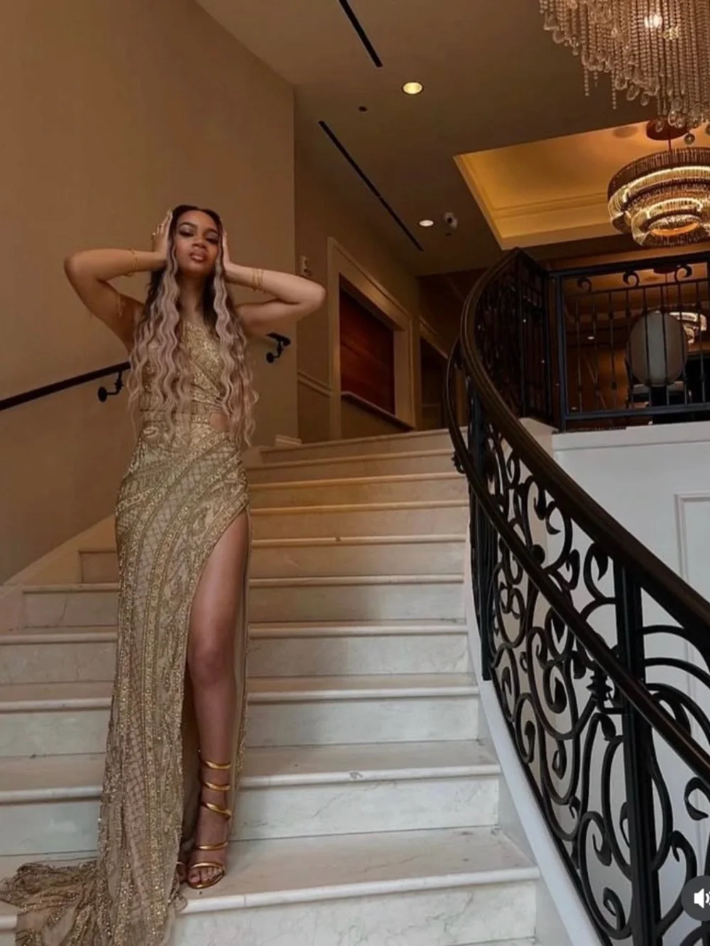 Jovani Gold Embellished one shoulder Evening Maxi Formal Gown with High Slit - Picture 1 of 12